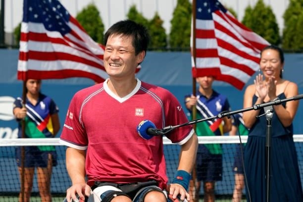 Shingo Kunieda of Japan smiles during the trophy ceremony after defeating Alfie Hewett of Great Britain during his Wheelchair Men's Singles final...