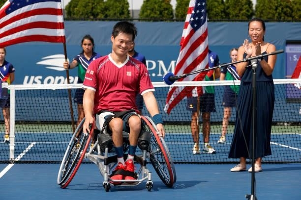 Shingo Kunieda of Japan smiles during the trophy ceremony after defeating Alfie Hewett of Great Britain during his Wheelchair Men's Singles final...