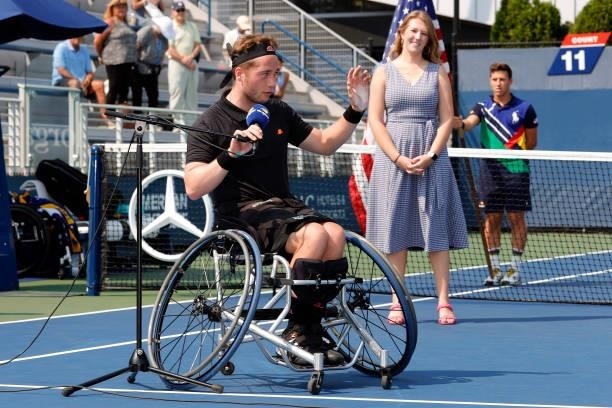Alfie Hewett of Great Britain, runner up, speaks during the trophy ceremony after being defeated by Shingo Kunieda of Japan during their Wheelchair...