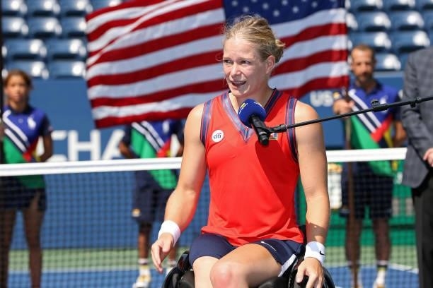 Diede de Groot of the Netherlands speaks at the trophy ceremony after defeating Yui Kamiji of Japan during their Wheelchair Women's Singles final...