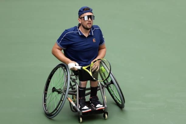 Dylan Alcott of Australia looks on against Niels Vink of the Netherlands during their Wheelchair Quad Singles final match on Day Fourteen of the 2021...