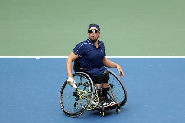 Dylan Alcott of Australia celebrates a point in the first set against Niels Vink of the Netherlands during their Wheelchair Quad Singles final match...