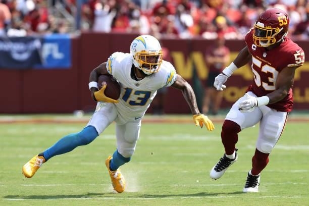 Keenan Allen of the Los Angeles Chargers catches a pass against the Washington Football Team during the second quarter at FedExField on September 12,...