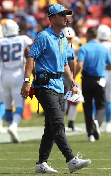 Head coach Brandon Staley of the Los Angeles Chargers looks on during the first half against the Washington Football Team at FedExField on September...