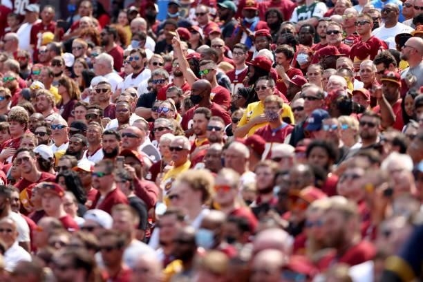 Fans of the Washington Football Team look on during the game against the Los Angeles Chargers at FedExField on September 12, 2021 in Landover,...