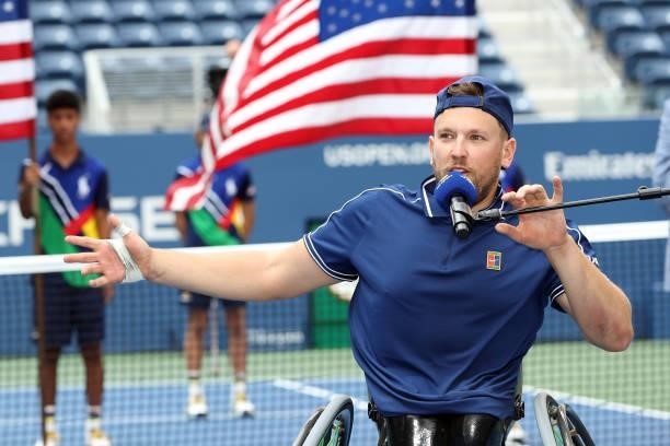 Dylan Alcott of Australia speaks during the trophy ceremony after defeating Niels Vink of the Netherlands to complete a 'Golden Slam' during their...