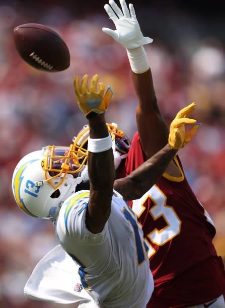 Keenan Allen of the Los Angeles Chargers can't catch a pass during the third quarter against the Washington Football Team at FedExField on September...