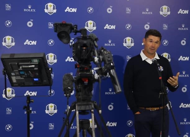 Team Europe Ryder Cup Captain Padraig Harrington pictured talking to the media during a Ryder Cup press conference during Day Four of The BMW PGA...
