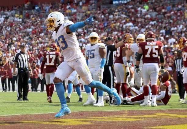 Derwin James of the Los Angeles Chargers reacts after a fumble by Antonio Gibson of the Washington Football Team during the fourth quarter at...