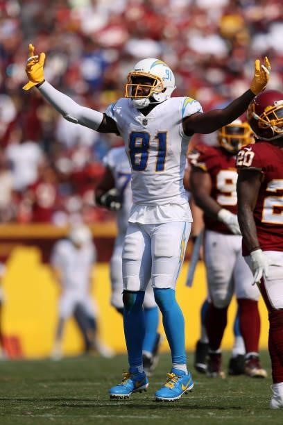 Mike Williams of the Los Angeles Chargers reacts during the second half against the Washington Football Team at FedExField on September 12, 2021 in...
