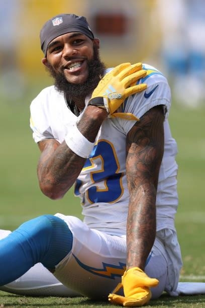 Keenan Allen of the Los Angeles Chargers reacts during the second half against the Washington Football Team at FedExField on September 12, 2021 in...