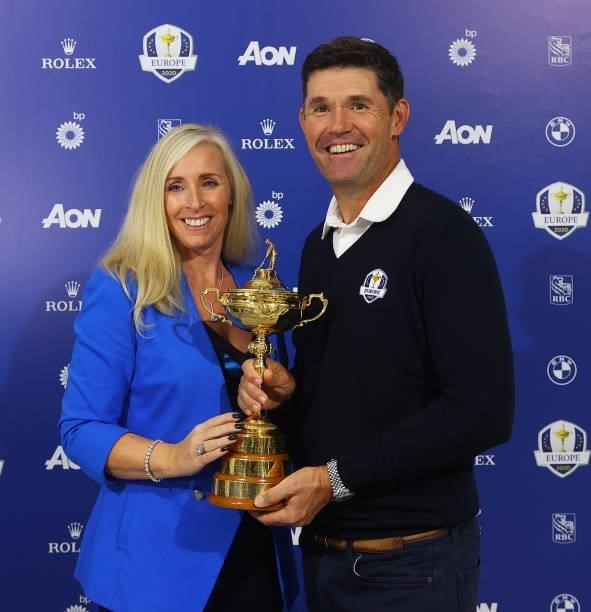 Team Europe Ryder Cup Captain Padraig Harrington pictured his wife Caroline Harrington and the Ryder Cup during Day Four of The BMW PGA Championship...