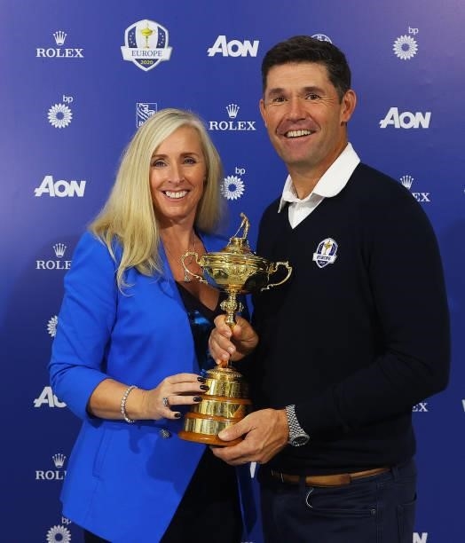 Team Europe Ryder Cup Captain Padraig Harrington pictured his wife Caroline Harrington and the Ryder Cup during Day Four of The BMW PGA Championship...