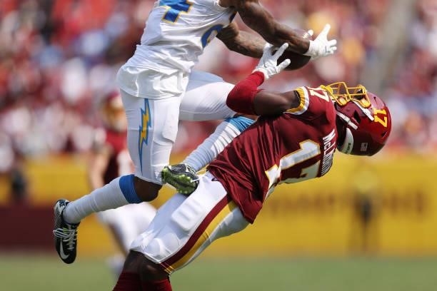 Terry McLaurin of the Washington Football Team makes a catch against the Los Angeles Chargers during the fourth quarter at FedExField on September...