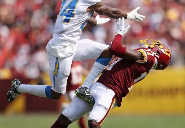 Terry McLaurin of the Washington Football Team makes a catch against the Los Angeles Chargers during the fourth quarter at FedExField on September...
