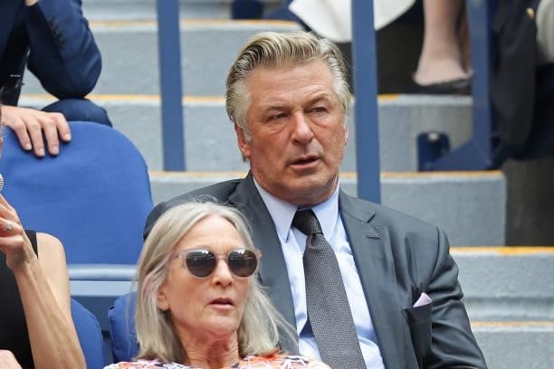 Actor Alec Baldwin watches the Men's Singles final match between Daniil Medvedev of Russia and Novak Djokovic of Serbia on Day Fourteen of the 2021...