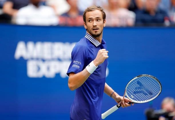 Daniil Medvedev of Russia reacts as he plays against Novak Djokovic of Serbia in the first set of the Men's Singles final match on Day Fourteen of...