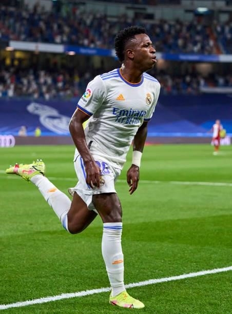 Vinicius Junior of Real Madrid CF celebrates after scoring his team's third goal during the La Liga Santander match between Real Madrid CF and RC...