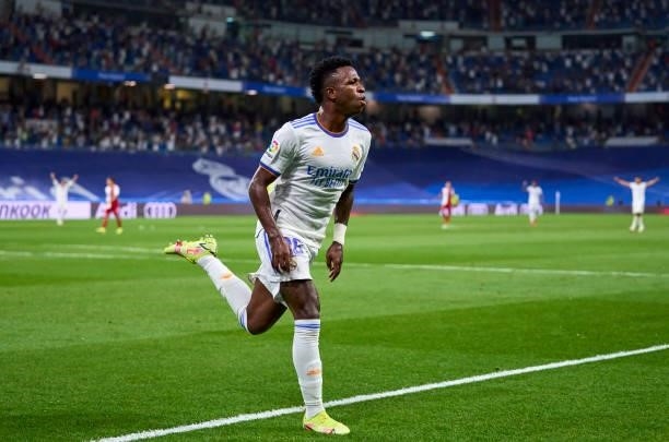 Vinicius Junior of Real Madrid CF celebrates after scoring his team's third goal during the La Liga Santander match between Real Madrid CF and RC...