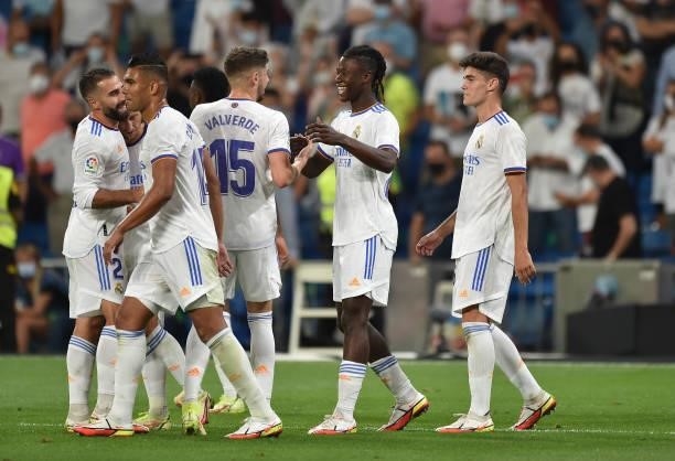 Eduardo Camavinga of Real Madrid celebrates after scoring their team's 4th goal during the La Liga Santander match between Real Madrid CF and RC...