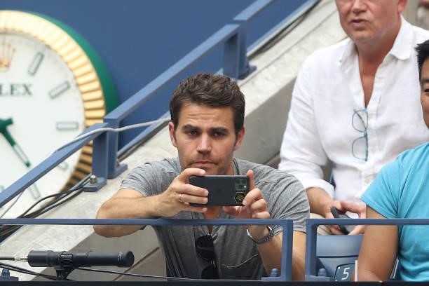 Actor Paul Wesley watches the Men's Singles final match between Daniil Medvedev of Russia and Novak Djokovic of Serbia on Day Fourteen of the 2021 US...