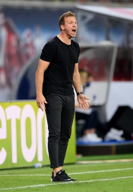 Head coach Julian Nagelsmann of FC Bayern München reacts during the Bundesliga match between RB Leipzig and FC Bayern München at Red Bull Arena on...