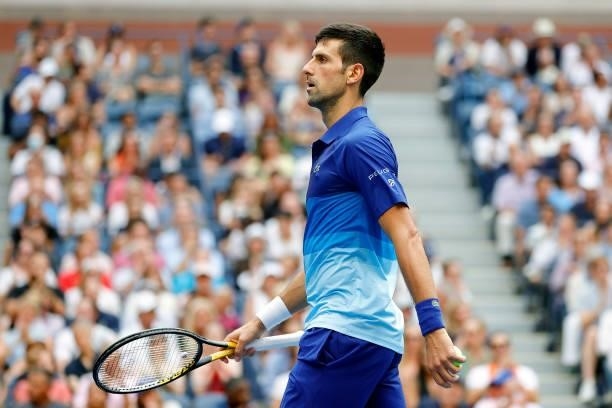 Novak Djokovic of Serbia looks on as he plays against Daniil Medvedev of Russia during their Men's Singles final match on Day Fourteen of the 2021 US...