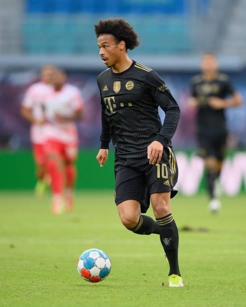 Leroy Sane of FC Bayern München controls the ball during the Bundesliga match between RB Leipzig and FC Bayern München at Red Bull Arena on September...