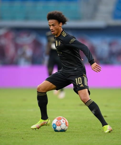 Leroy Sane of FC Bayern München controls the ball during the Bundesliga match between RB Leipzig and FC Bayern München at Red Bull Arena on September...