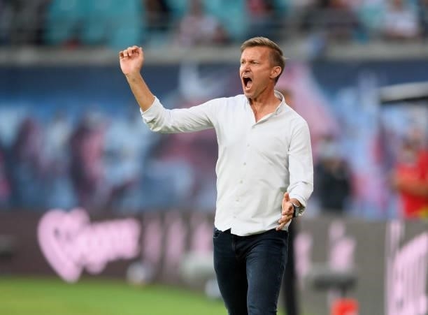 Head coach Jesse Marsch of RB Leipzig reacts during the Bundesliga match between RB Leipzig and FC Bayern München at Red Bull Arena on September 11,...
