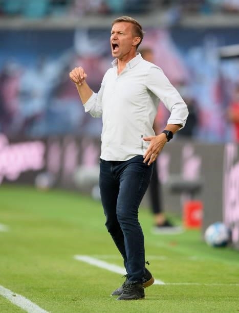 Head coach Jesse Marsch of RB Leipzig reacts during the Bundesliga match between RB Leipzig and FC Bayern München at Red Bull Arena on September 11,...