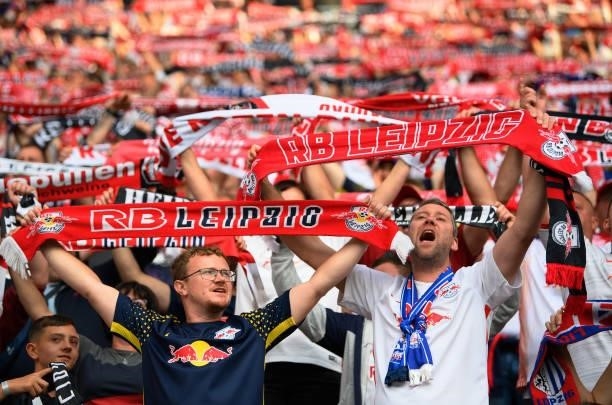 Fans of Leipzig seen during the Bundesliga match between RB Leipzig and FC Bayern München at Red Bull Arena on September 11, 2021 in Leipzig, Germany.