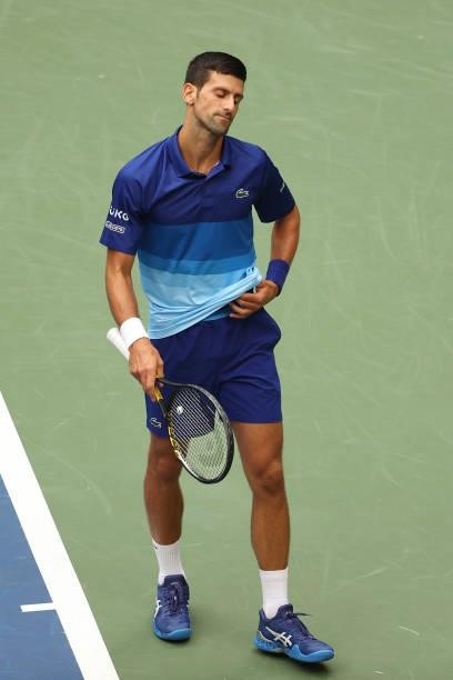 Novak Djokovic of Serbia reacts against Daniil Medvedev of Russia during their Men's Singles final match on Day Fourteen of the 2021 US Open at the...