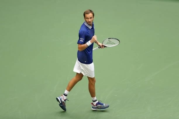 Daniil Medvedev of Russia reacts against Novak Djokovic of Serbia during their Men's Singles final match on Day Fourteen of the 2021 US Open at the...