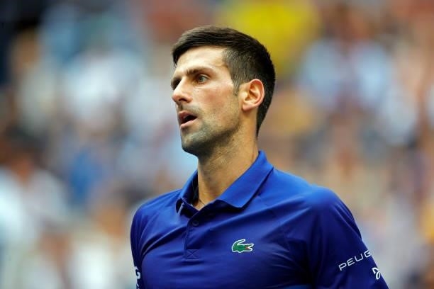 Novak Djokovic of Serbia looks on as he plays against Daniil Medvedev of Russia during their Men's Singles final match on Day Fourteen of the 2021 US...