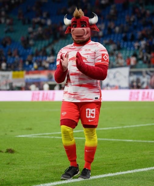 The mascot 'Bulli' of RB Leipzig seen during the Bundesliga match between RB Leipzig and FC Bayern München at Red Bull Arena on September 11, 2021 in...