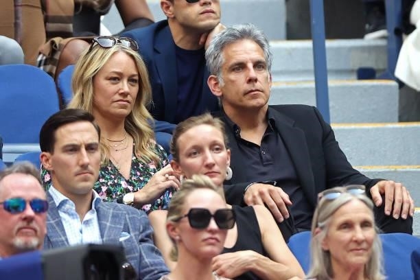 Actors Christine Taylor and Ben Stiller watch the Men's Singles final match between Daniil Medvedev of Russia and Novak Djokovic of Serbia on Day...