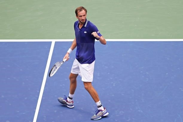Daniil Medvedev of Russia reacts against Novak Djokovic of Serbia during their Men's Singles final match on Day Fourteen of the 2021 US Open at the...