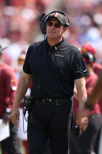 Head coach Ron Rivera of the Washington Football Team looks on against the Los Angeles Chargers during the game at FedExField on September 12, 2021...