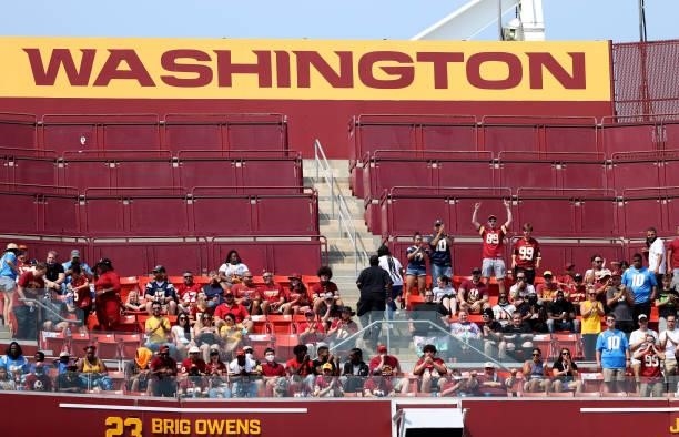 Washington Football Team fans look are seen in the stands prior to the game against the Los Angeles Chargers at FedEx Field on September 12, 2021 in...