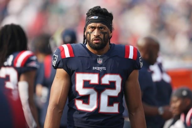 Harvey Langi of the New England Patriots looks on during the game against the Miami Dolphins at Gillette Stadium on September 12, 2021 in Foxborough,...