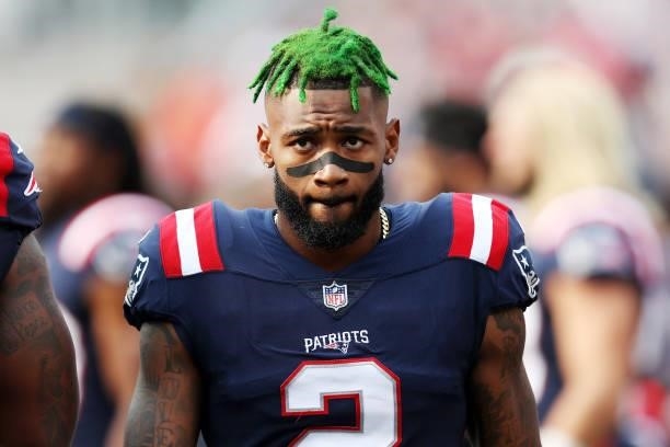 Jalen Mills of the New England Patriots looks on during the game against the Miami Dolphins at Gillette Stadium on September 12, 2021 in Foxborough,...
