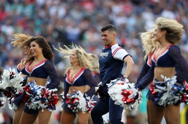 The New England Patriots cheerleaders perform against the Miami Dolphins at Gillette Stadium on September 12, 2021 in Foxborough, Massachusetts.