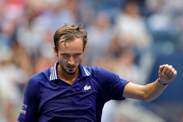 Daniil Medvedev of Russia reacts as he plays against Novak Djokovic of Serbia during their Men's Singles final match on Day Fourteen of the 2021 US...