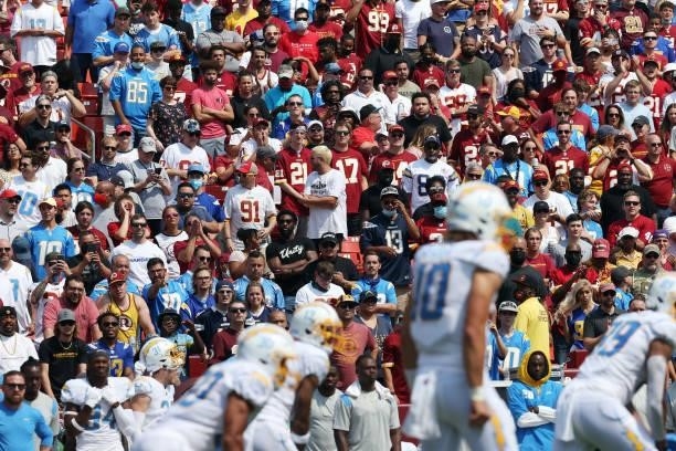 Fans look on during the game between the Los Angeles Chargers and the Washington Football Team at FedExField on September 12, 2021 in Landover,...