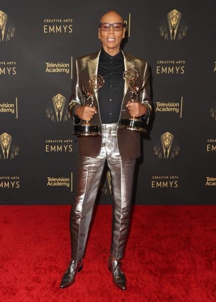RuPaul poses with the award for Outstanding Unstructured Reality Program for "RuPaul's Drag Race: Untucked