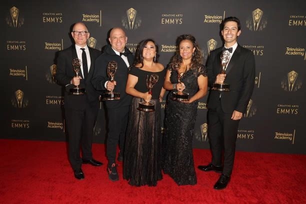 Randy Barbato, Tom Campbell, San Heng, Mandy Salangsang and Tim Palazzola pose with the award for Outstanding Unstructured Reality Program for...
