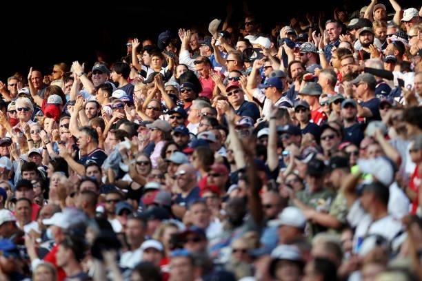 New England Patriots fans look on against the Miami Dolphins during the second half at Gillette Stadium on September 12, 2021 in Foxborough,...