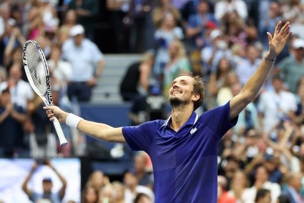 Daniil Medvedev of Russia celebrates defeating Novak Djokovic of Serbia to win their Men's Singles final match on Day Fourteen of the 2021 US Open at...