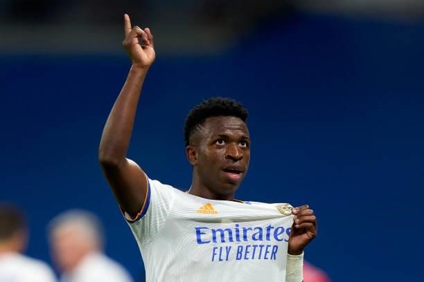 Vinicius Junior of Real Madrid celebrates after scoring his team's fourth goal during the La Liga Santader match between Real Madrid CF and RC Celta...